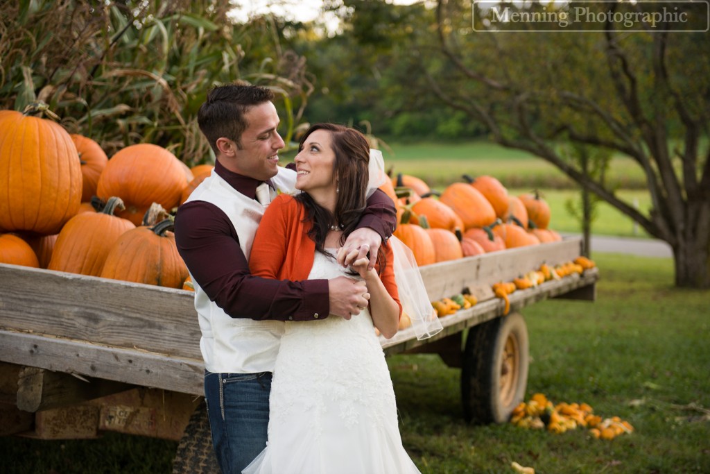 Fall wedding photo with pumpkins